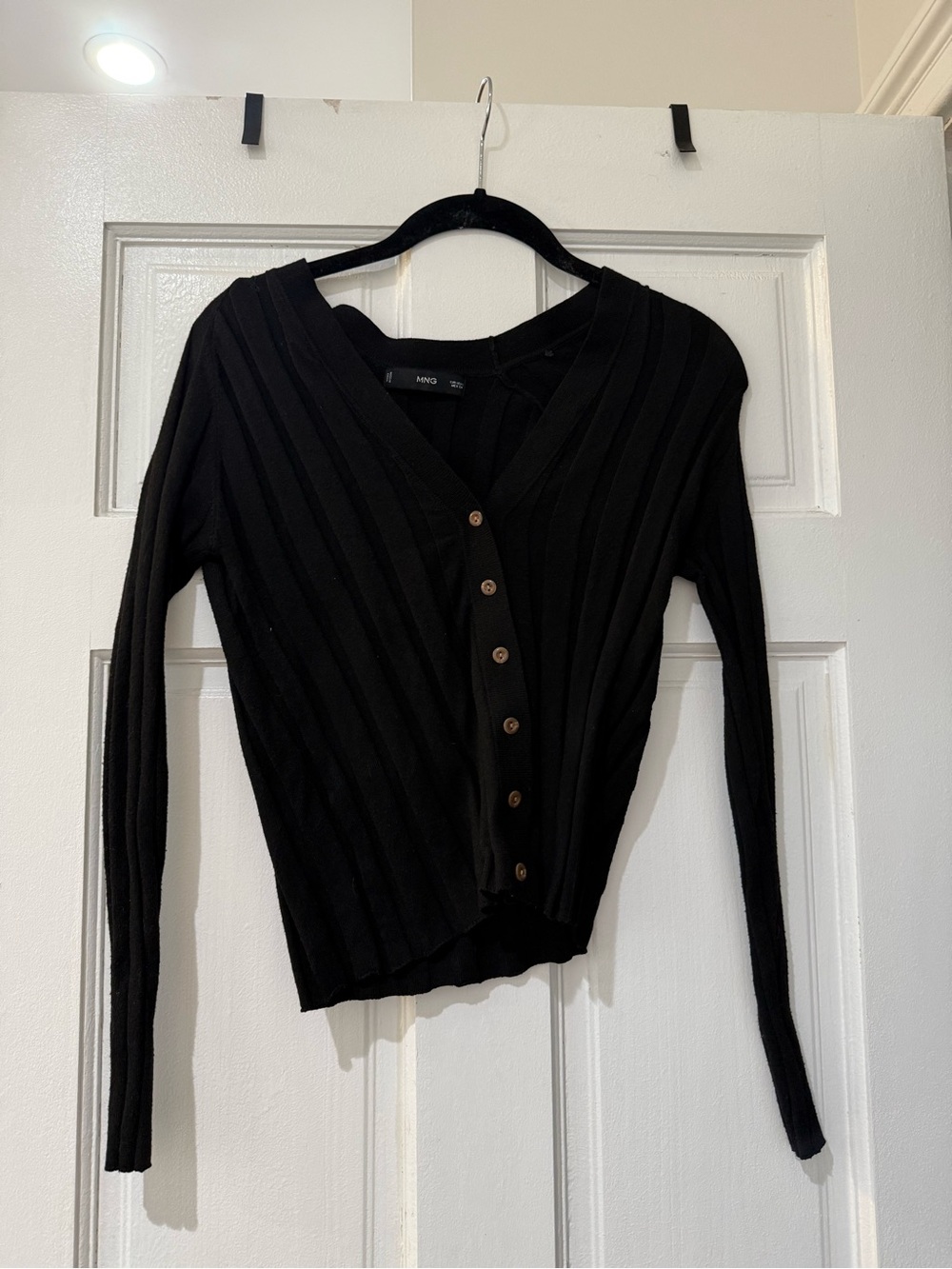 Mango Black Ribbed V-Neck Button-Down Top - Picture 3 of 5